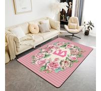 Homewish Tapis Salon 100x150cm Fleurs,Tapis Chambre Floral,Tapis Sol Bow Bowknot Personnalisé Monogrammé Rose Alphabet en Bois,Décoration D'Intérieur Lettre B Enfants Filles Femmes