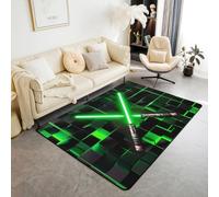 Homewish Tapis Salon 100x150cm Garçons de Sabre À Lumière, Tapis Chambre Ombre Vert, Tapis Sol Cube Géométrique Lumineux, Décoration D'Intérieur Néon À Échecs