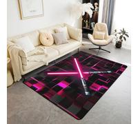 Homewish Tapis Salon 100x150cm Garçons de Sabre-Lumière, Tapis Chambre Ombre Rose Chaud, Tapis Sol Néon À Échecs, Décoration D'Intérieur Cube Géométrique Lumineux