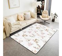 Homewish Tapis Salon 100x150cm Le Cerf Sika,Tapis Chambre Tente,Tapis Sol Enfants Garçons Filles Mignons Animaux Cornes Flèches Feuille,Décoration D'Intérieur Rose Peach Fleurs Elk Imprimer
