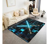 Homewish Tapis Salon 100x150cm Les Enfants de Sabre-Lumière, Tapis Chambre Ombre Bleu, Tapis Sol Cube Géométrique Lumineux, Décoration D'Intérieur Néon À Échecs