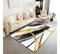 Homewish Tapis Salon 100x150cm Rayures Noires et Dorées,Tapis Chambre Femmes Hommes À Rayures Géométriques,Tapis Sol Minimalistes Graffiti Lignes Esthétiques Art Contemporain Boho Moderne