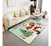 Homewish Tapis Salon 100x150cm Rustique,Tapis Chambre Père Noël 3D,Tapis Sol Noël Vintage Vert Teal,Décoration D'Intérieur pour Garçons Filles Joyeuxnoël