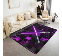 Homewish Tapis Salon 100x150cm Sabre À Lumière, Tapis Chambre Garçons Ombre Violet, Tapis Sol Néon À Échecs, Décoration D'Intérieur Cube Géométrique Lumineux