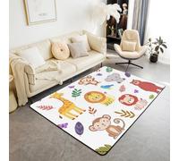 Homewish Tapis Salon 100x150cm Safari,Tapis Chambre Animaux Sauvages,Tapis Sol Singe Lion Girafe Tigre Éléphant Feuilles Enfants Garçons Filles,Décoration D'Intérieur Orange Jaune Blanc Dessin Animé