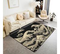 Homewish Tapis Salon 100x150cm Style Japonais, Tapis Chambre Mont Fuji, Tapis Sol Adultes Adolescents Océan Grandes Vagues Art, Décoration D'Intérieur Noir Golden Glitter Stars