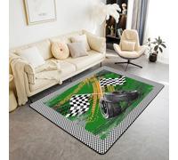 Homewish Tapis Salon 100x150cm Voiture de Course,Tapis Chambre Drapeau de Course Vert,Tapis Sol Garçons et Filles Piste de Course Sports Extrêmes Pistes de Pneus de Jeu Cool Noir Blanc À Échecs