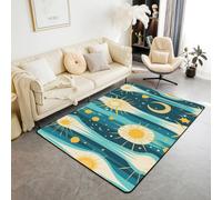 Homewish Tapis Salon 150x200cm Abstract Lune Soleil Bleu Jaune,Tapis Sol Art Moderne Étoilé Boho,Tapis Chambre Stripe Ombre Esthétique,Décoration D'Intérieur Enfants Hommes Femmes Adultes