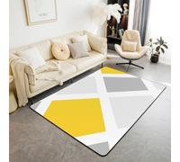 Homewish Tapis Salon 150x200cm Abstract Moderne, Tapis Sol Carré Gris Jaune, Tapis Chambre Art Minimaliste Simple, Décoration D'Intérieur Géométrique Contemporaine,Lignes Rayées
