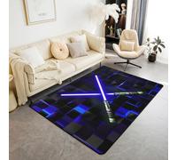 Homewish Tapis Salon 150x200cm Adolescents de Sabre-Lumière, Tapis Sol Ombre Bleu Foncé, Tapis Chambre Néon À Échecs, Décoration D'Intérieur Cube Géométrique Lumineux