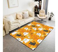 Homewish Tapis Salon 150x200cm Arbre d'halloween,Tapis Sol Chat Noir Mignon,Tapis Chambre Silhouette Fantôme Dessin Animé,Décoration D'Intérieur Chapeau de Sorcière Vintage Bones