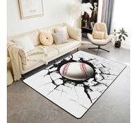 Homewish Tapis Salon 150x200cm Baseball 3D, Tapis Sol Baseball À Travers Le Mur Jeu de Balle de Sport pour Enfants et Adolescents, Tapis Chambre Moderne Noir Blanc Rouge Décoration D'Intérieur