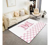 Homewish Tapis Salon 150x200cm Blanc et Rose Tapis Sol Quadrillage Plaid Géométrique Initiale M Tapis Chambre Ruban Nœud Papillon Esthétique Décoration D'Intérieur Damier Funky
