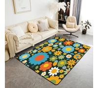 Homewish Tapis Salon 150x200cm Boho, Tapis Sol Fleurs Ethniques, Tapis Chambre Jardin Nature Daisy Esthétique Botanique Bleu Orange Décoration D'Intérieur
