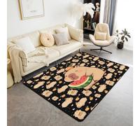 Homewish Tapis Salon 150x200cm Capybara de Dessin Animé Enfants,Tapis Sol Capybara Mangeant La Pastèque d'eau,Tapis Chambre Filles Garçons Femmes Kawaii Animaux Rongeur Cœur d'amour Rose Noir