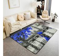 Homewish Tapis Salon 150x200cm Cerisier Rose de Londres Tapis Sol Thème Londres esthétique Bleu Royal Gris Tapis Chambre Œuvre Big Ben Aquarelle Décoration D'Intérieur Aquarelle Moderne