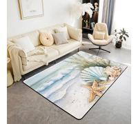 Homewish Tapis Salon 150x200cm Côtière, Tapis Sol Plage D'Été, Tapis Chambre Vagues de Mer Vie Marine Réversible, Décoration D'Intérieur Coquille Algue Étoiles de Mer