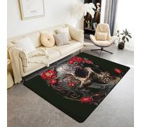 Homewish Tapis Salon 150x200cm Crâne Gothique, Tapis Sol Crâne de Fleurs, Tapis Chambre Thème d'halloween, Décoration D'Intérieur Os du Squelette