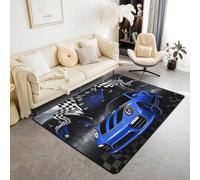 Homewish Tapis Salon 150x200cm Drapeau de Course,Tapis Sol Voiture À Thème Raing,Tapis Chambre Garçons Filles Noir Blanc À Échecs Tableau de Bord de Vitesse Bleue Sport Extrême Frais