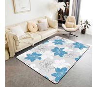 Homewish Tapis Salon 150x200cm Fleur Bleue, Tapis Sol Floral Élégant, Tapis Chambre Enfants Les Adolescents Floral Hand-Drawn, Décoration D'Intérieur Style Pastoral