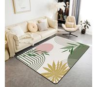 Homewish Tapis Salon 150x200cm Géométrique Abstraite,Tapis Sol pour Enfants Adolescents Adultes Milieu du Siècle Vert Rose,Tapis Chambre Feuilles de Plante Botanique Minimaliste Simple