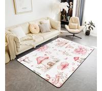 Homewish Tapis Salon 150x200cm Jardin de Fées, Tapis Sol Papillon Floral de Champignons, Tapis Chambre pour Filles Lapin de Fleur Rose, Décoration D'Intérieur Fées À Thème de Forêt