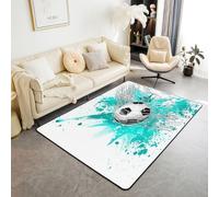 Homewish Tapis Salon 150x200cm Le Football,Tapis Sol Football Noir Blanc,Tapis Chambre Filles Garçons Enfants Adolescents Jeux de Sport de Balle Turquoise Encre Splash Brosse Coups