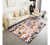 Homewish Tapis Salon 150x200cm Léopard Tapis Sol Esthétique Sauvage Safari Boho Tapis Chambre Faune de la Jungle Rose Décoration D'Intérieur Plante Tropicale Botanique Palmier