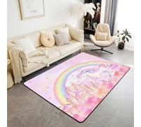 Homewish Tapis Salon 150x200cm Licorne Arc-en-Ciel,Tapis Sol Château de Princesse des Filles de Crèche,Tapis Chambre Kawaii Dreamy Horse Étoiles Mignonnes Imprimer Le Style D'Aquarelle
