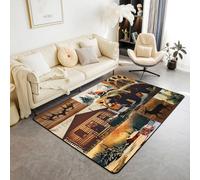 Homewish Tapis Salon 150x200cm Lodge Rustique, Tapis Sol Cabine de Renard de Cerf d'ours, Tapis Chambre Animaux de Bois de Pays, Décoration D'Intérieur Pins de Grange Vintage Brun Noir