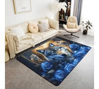 Homewish Tapis Salon 150x200cm Loup Bohème Tapis Sol Imprimé Luxueux de Rose Bleu Tapis Chambre 3D d'animaux Sauvage Décoration D'Intérieur Loups Faune des Bois