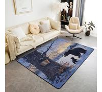 Homewish Tapis Salon 150x200cm Ours,Tapis Sol Neige,Tapis Chambre pour Garçons Filles Coucher du Soleil Baril Cabine Animaux Sauvage,Décoration D'Intérieur Arbres Morts Crépuscule Ciel Bois