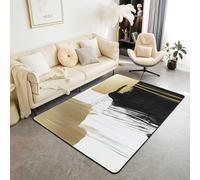 Homewish Tapis Salon 150x200cm Peinture à l'huile Abstrait | Tapis Sol Antidérapant Noir Blanc Brun Boho pour Chambre à Coucher Moderne Coups de Pinceau -