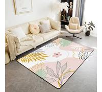 Homewish Tapis Salon 150x200cm Rose Clair, Tapis Sol Mid Century Abstract, Tapis Chambre Boho Circle Floral, Décoration D'Intérieur Feuilles Botaniques Imprimer Ombre Fleur Mignonne Minimaliste