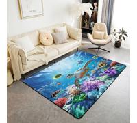Homewish Tapis Salon 150x200cm Tortue de Mer,Tapis Sol Océan Bleu,Tapis Chambre Tween Garçons Filles Sea Animal Coastal,Décoration D'Intérieur Aquarelle Tropicale Corail