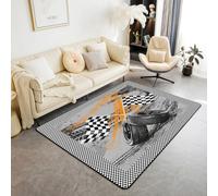 Homewish Tapis Salon 150x200cm Voiture de Course,Tapis Sol Drapeau de Course Gris,Tapis Chambre Garçons et Filles Piste de Course Sports Extrêmes Pistes de Pneus de Jeu Cool Noir Blanc À Échecs