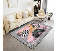 Homewish Tapis Salon 150x200cm Voiture de Course,Tapis Sol Drapeau de Course Rose,Tapis Chambre Garçons et Filles Piste de Course Sports Extrêmes Pistes de Pneus de Jeu Cool Noir Blanc À Échecs