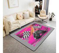Homewish Tapis Salon 150x200cm Voiture de Course,Tapis Sol Drapeau de Course Rouge Rose,Tapis Chambre Sports Extrêmes de Piste de Course de Garçons Filles Pistes de Pneus Froides Noir Blanc À Échecs