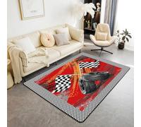Homewish Tapis Salon 150x200cm Voiture de Course,Tapis Sol Drapeau de Course Rouge,Tapis Chambre Garçons et Filles Piste de Course Sports Extrêmes Pistes de Pneus de Jeu Cool Noir Blanc À Échecs