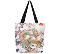 Homewish Tote Bag Dragon Magique, Sac Fourre Tout Adulte Japonais, Tote Bag Femme Mer Marine Océan Vague pour Enfants Garçons Filles, Sac Cabas Fleurs de Cerisier Rose