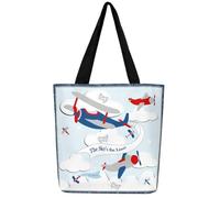 Homewish Tote Bag Enfant Garçon Hélicoptère, Sac Fourre Tout Avion, Sac Cabas Bleu Plan Croquis Lignes, Tote Bag Maitresse Dessin Animé Avion