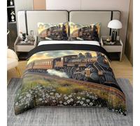 Homewish Train Vintage pour Les Garçons Coton Housse de Couette 200x200,Train À Vapeur Rail Parure de Lit pour Les Filles Garçons,Transport Train Doux Literie Set Lit,Rustique Couvre Lit