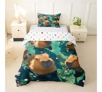 Homewish Ukiyo-e Parure de lit japonaise Capybaras dans des sources chaudes pour filles et garçons - Housse de couette 135 x 200 cm - Fleurs de cerisier - Feuilles - Printemps - Été - Eau éclatante