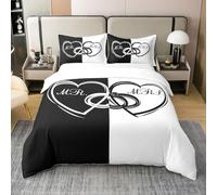 Homewish Valentine Coton Housse de Couette 240 x 260,Symétrie Noir Blanc Parure de Lit,Anneau de Coeur pour Couples Couvre Lit,Romantique Interlock Literie Set,Belles Lettres Linge de Lit