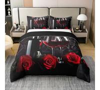 Homewish Verre À Vin Coton Literie Set 240 x 260,Rose Rouge Noire Parure de Lit pour Homme Femme,Fleur Romantique Couvre Lit,Cadeau de Saint Valentin pour Couple Gothique Rose Fleur Housse de Couette
