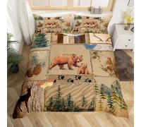 Homewishhousse de Couette Cabane Rustique 200x200, Ensemble de Literie Ours de La Jungle, Parure de Lit Pays Nature Faune et Flore, Couvre Lit Patte d'ours Élan Butterlfy Poisson, 3 Pièces