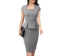 HOMEYEE Robe de Cocktail Élégante à Manches Courtes et Basque de Couleur Unie pour Femmes Robe Crayon de Bureau De Travail Rétro B992 (L, Gris)
