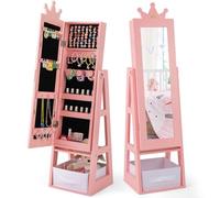 HOMFME Armoire a Bijoux Enfant avec Miroir Argent Psyché, Armoire de Rangment Déout avec 2 Angles d’Inclinaison en Forme Couronne avec Tiroirs, 31,5 x 30 x 115 CM, pour Filles 3+ Ans (Rose)