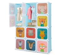 HOMFME Meuble Rangement Enfant, 109x35x145 CM, Armoire Bebe avec 12 Cubes & 2 Sections Suspendues, Rangement Jouet Enfant Motif Animaux,Armoire Chambre Bébé pour Vêtements Chaussures (Bleu)
