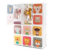 HOMFME Meuble Rangement Enfant, 109x35x145 CM, Armoire Bebe avec 12 Cubes & 2 Sections Suspendues, Rangement Jouet Enfant Motif Animaux，Armoire Chambre Bébé pour Vêtements Chaussures (Blanc)